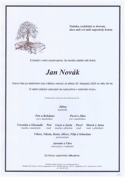 Smuteční oznámení – Jan Novák