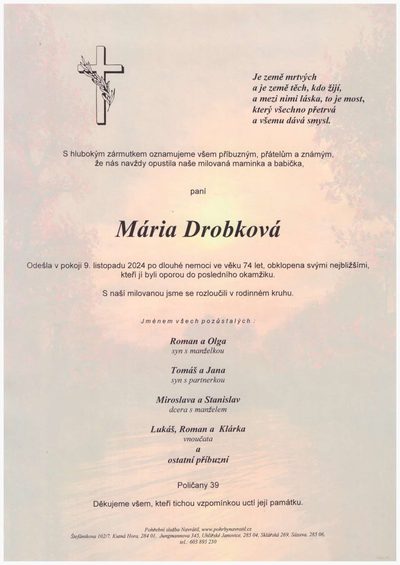 Smuteční oznámení – Mária Drobková