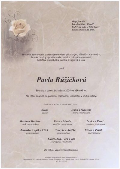 Smuteční oznámení – Pavla Růžičková