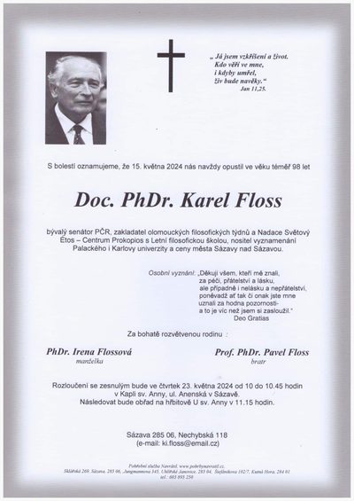 Smuteční oznámení – Karel Floss