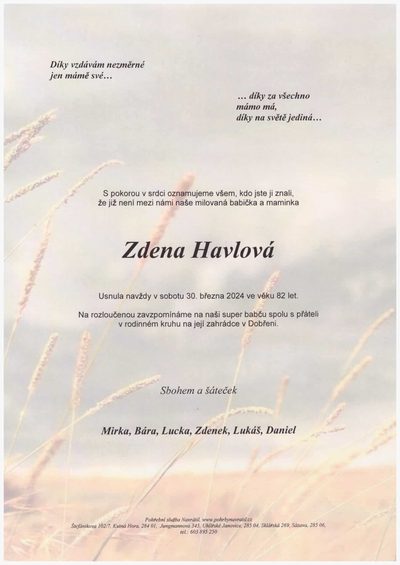 Smuteční oznámení – Zdena Havlová