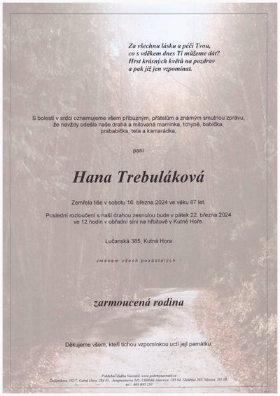 Smuteční oznámení – Hana Trebuláková
