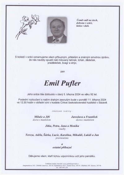 Smuteční oznámení – Emil Pufler