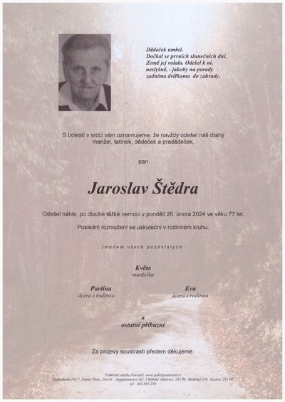 Smuteční oznámení – Jaroslav Štědra