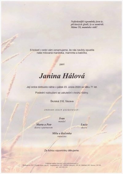 Smuteční oznámení – Janina Hálová