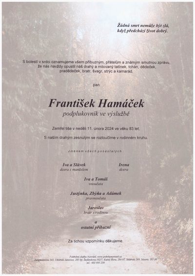 Smuteční oznámení – František Hamáček