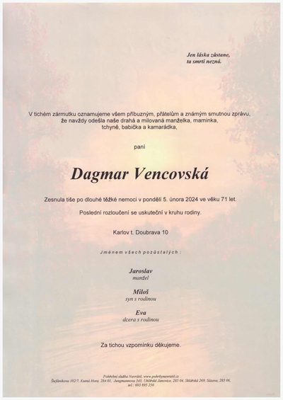 Smuteční oznámení – Dagmar Vencovská
