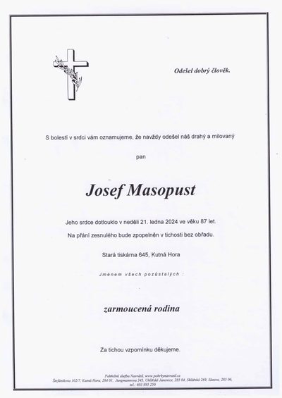 Smuteční oznámení – Josef Masopust