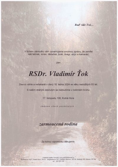 Smuteční oznámení – RSDr. Vladimír Ťok