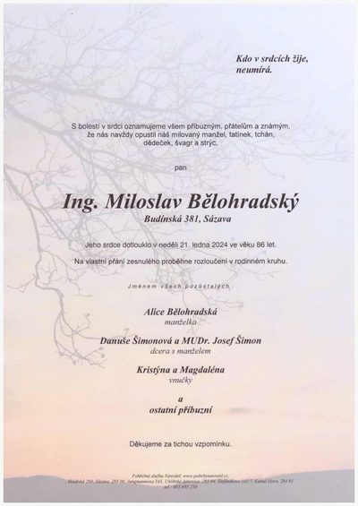 Smuteční oznámení – Miloslav Bělohradský