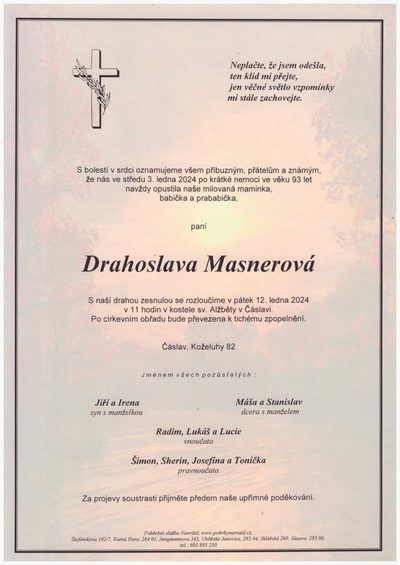 Smuteční oznámení – Drahoslava Masnerová