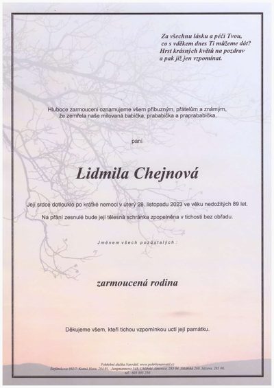 Smuteční oznámení – Lidmila Chejnová
