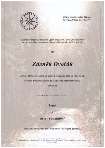 Smuteční oznámení – Zdeněk Dvořák