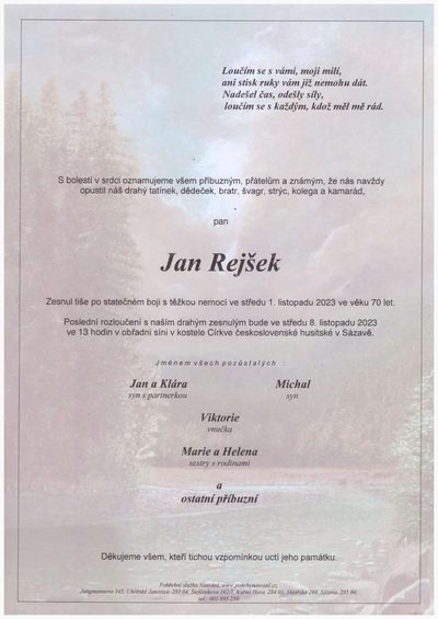 Smuteční oznámení – Jan Rejšek