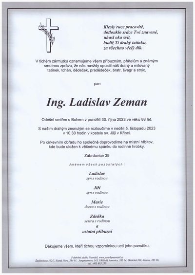 Smuteční oznámení – Ladislav Zeman