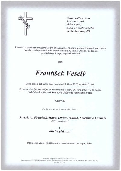 Smuteční oznámení – František Veselý