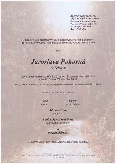 Smuteční oznámení – Jaroslava Pokorná