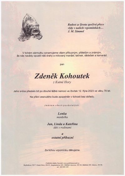 Smuteční oznámení – Zdeněk Kohoutek