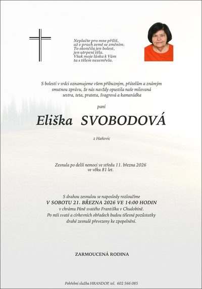Smuteční oznámení – Eliška Svobodová