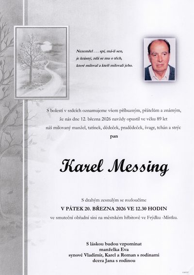 Smuteční oznámení – Karel Messing