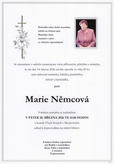 Smuteční oznámení – Marie Němcová
