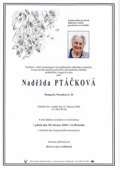 Smuteční oznámení – Naděžda Ptáčková