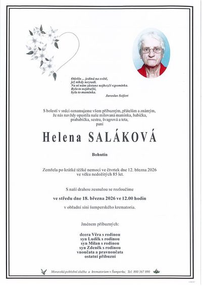 Smuteční oznámení – Helena Saláková