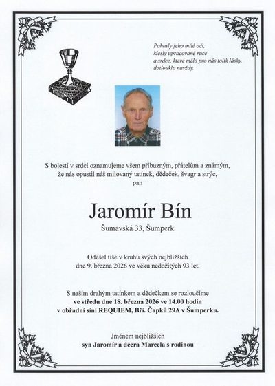 Smuteční oznámení – Jaromír Bín