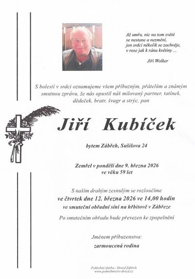 Smuteční oznámení – Jiří Kubíček