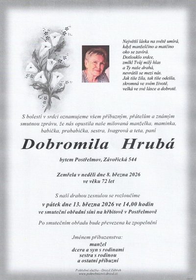 Smuteční oznámení – Dobromila Hrubá