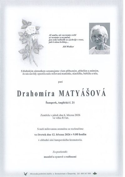 Smuteční oznámení – Drahomíra Matyášová