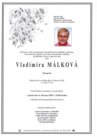 Smuteční oznámení – Vladimíra Málková