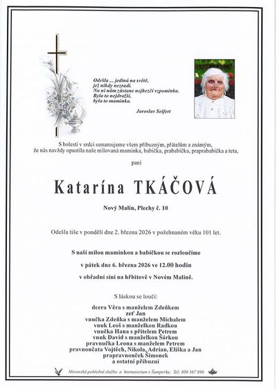 Smuteční oznámení – Katarína Tkáčová