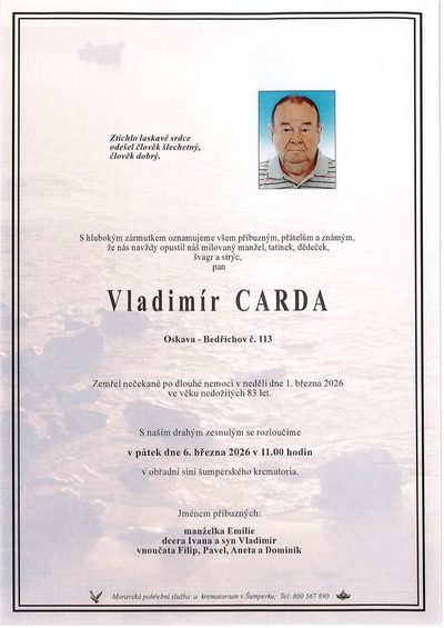 Smuteční oznámení – Vladimír Carda
