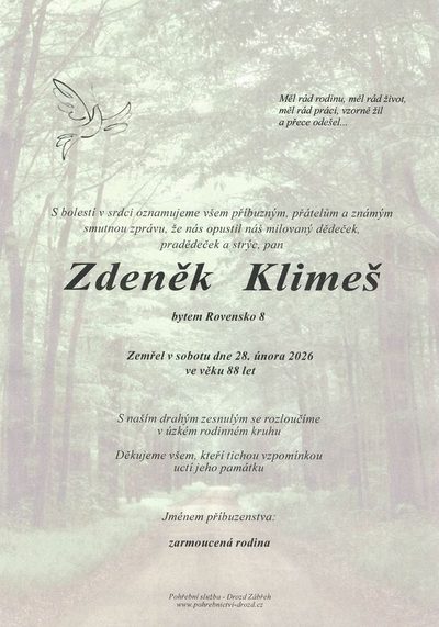 Smuteční oznámení – Zdeněk Klimeš
