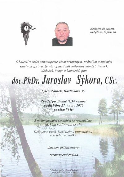 Smuteční oznámení – do. PhDr. Jaroslav Sýkora, CSc.