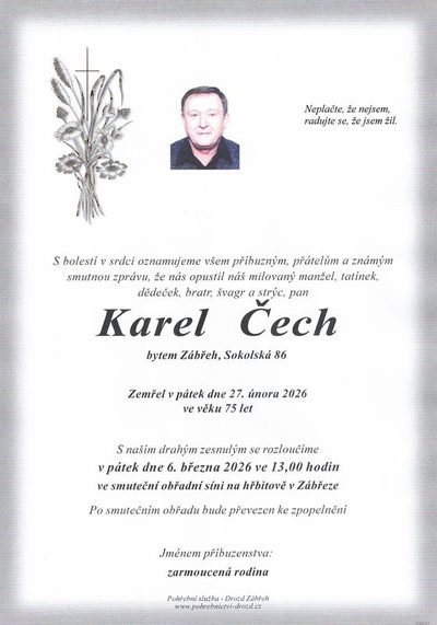 Smuteční oznámení – Karel Čech