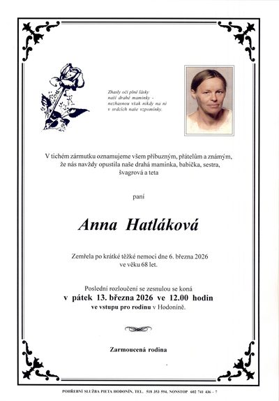 Smuteční oznámení – Anna Hatlakova