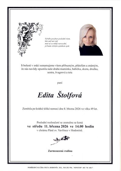 Smuteční oznámení – Edita Stolfova