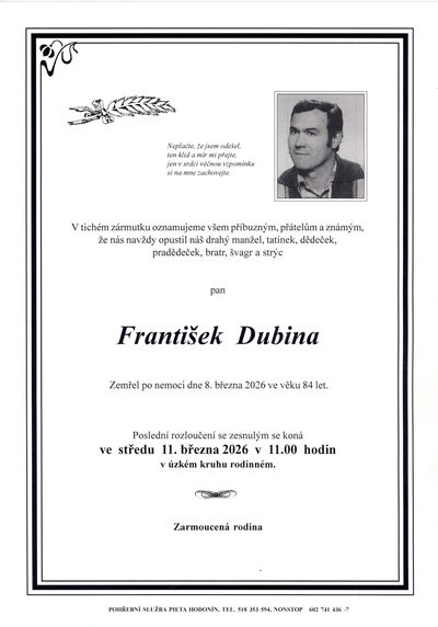 Smuteční oznámení – Frantisek Dubina