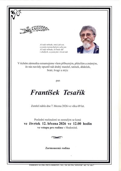 Smuteční oznámení – Frantisek Tesarik