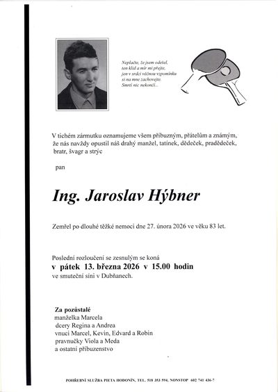 Smuteční oznámení – Jaroslav Hybner