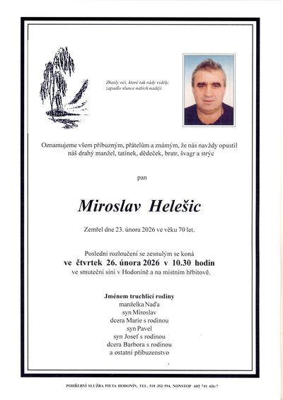 Smuteční oznámení – Miroslav Helesic