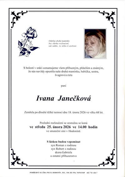 Smuteční oznámení – Ivana Janeckova