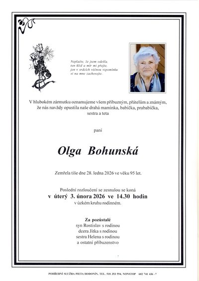 Smuteční oznámení – Olga Bohunska