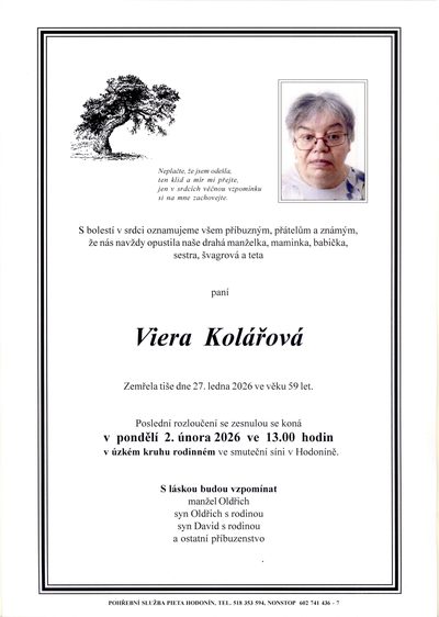 Smuteční oznámení – Viera Kolarova