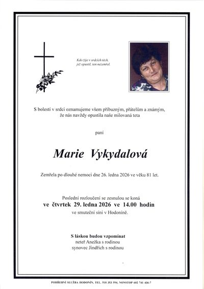 Smuteční oznámení – Marie Vykydalova