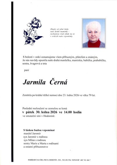 Smuteční oznámení – Jarmila Cerna