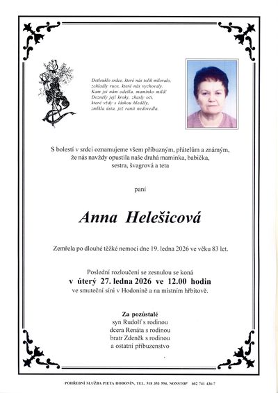 Smuteční oznámení – Anna Helesicova