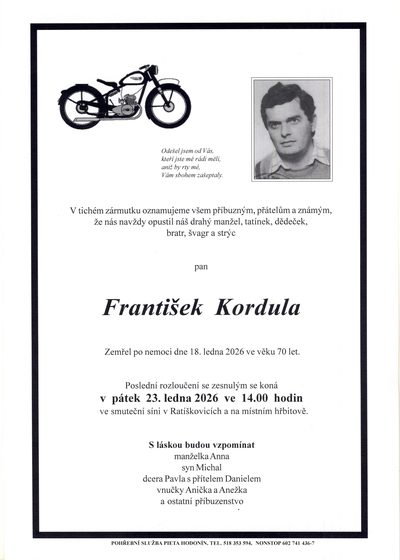 Smuteční oznámení – Frantisek Kordula